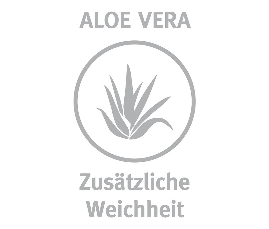 Graues Logo mit Aloe Vera und den Worten "Aloe Vera" und "Zusätzliche Weichheit".
