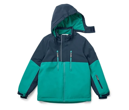 Jacke mit Kapuze in Dunkelblau und Türkis, flach liegend.