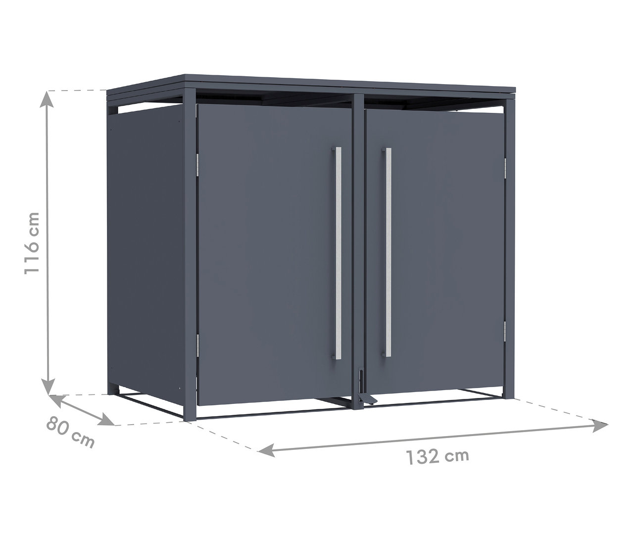 Dunkelgrauer Geräteschrank mit zwei Türen und silbernen Griffen, Maße: 116 cm hoch, 132 cm breit, 80 cm tief.