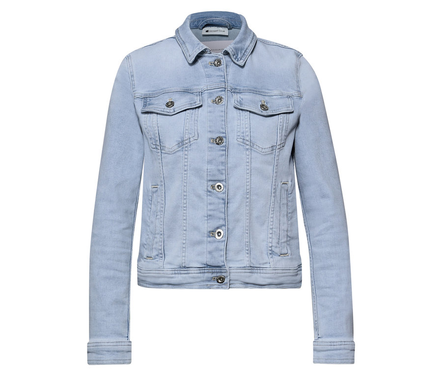 Hellblaue Street One Jeansjacke mit Kragen, silberfarbenen Knöpfen und zwei Brusttaschen, flach liegend.