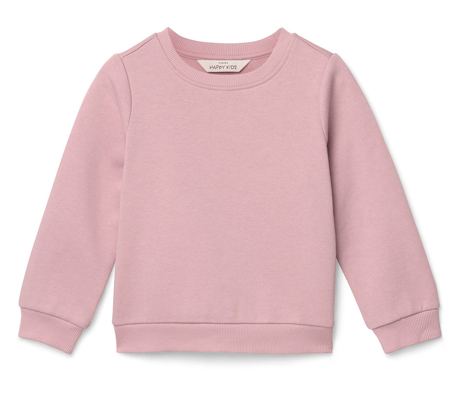 Ein rosafarbener Pullover für Kinder liegt auf einem weißen Hintergrund.