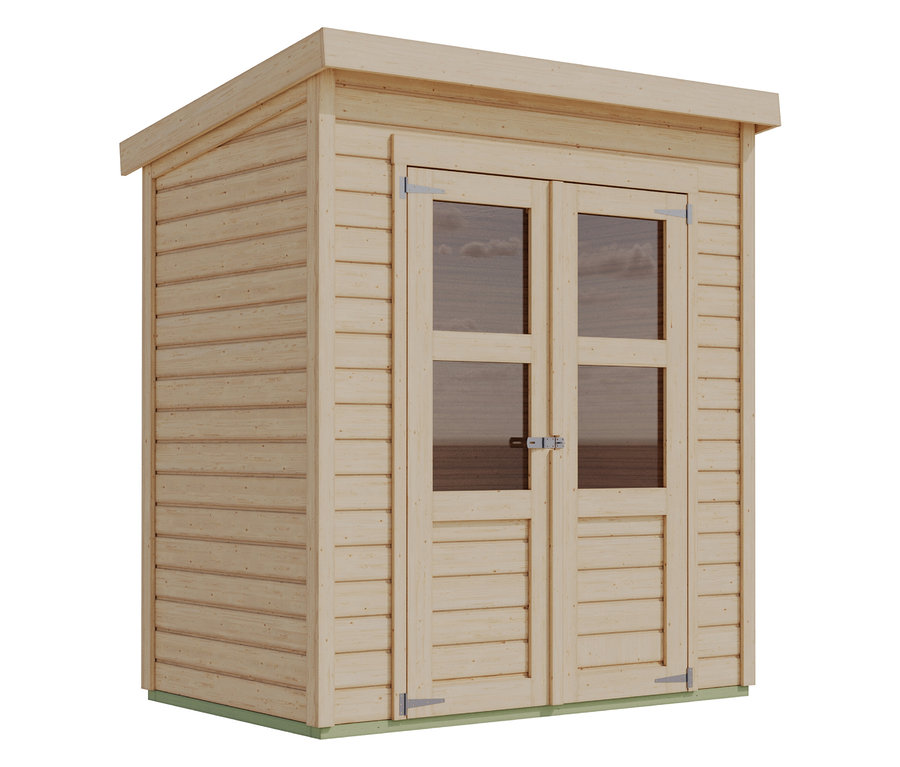 Ein unbehandelter Holzschuppen mit Doppeltür und Fenstern.