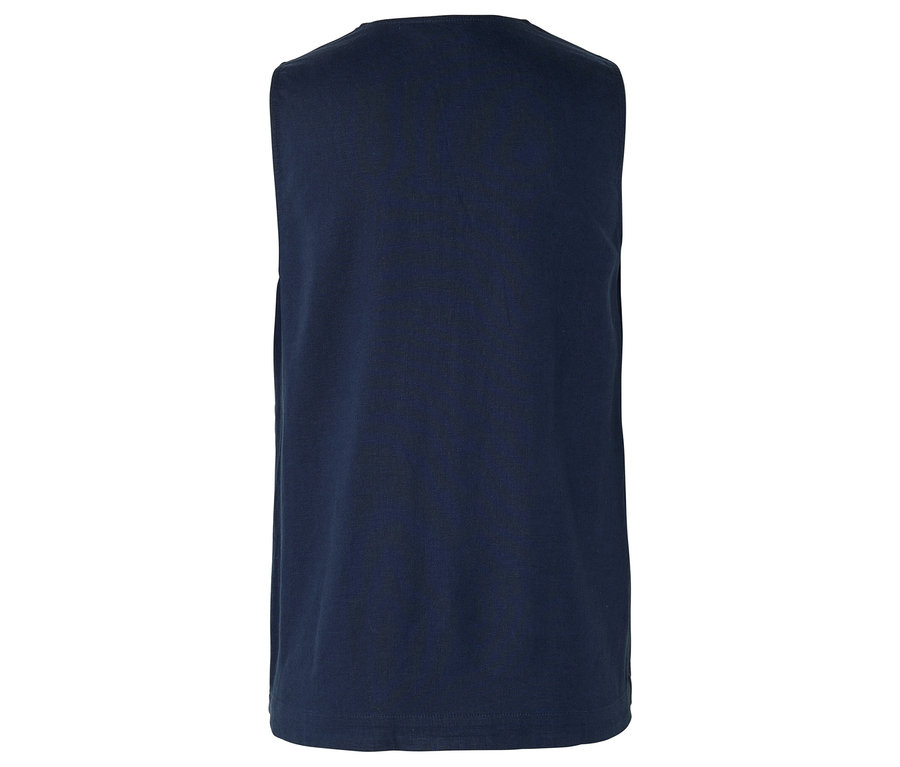 Nahaufnahme eines ärmellosen, dunkelblauen Hemdes.