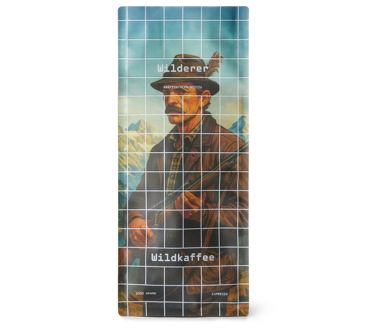 Packung Wildkaffee - Wilderer Espresso mit Abbildung eines Mannes mit Gewehr vor Berglandschaft.