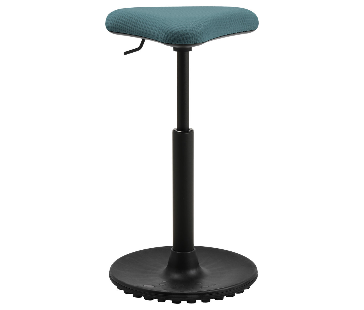 Ein einzelner Stehhocker mit einem petrolfarbenen Sitz und einem schwarzen Fuß.