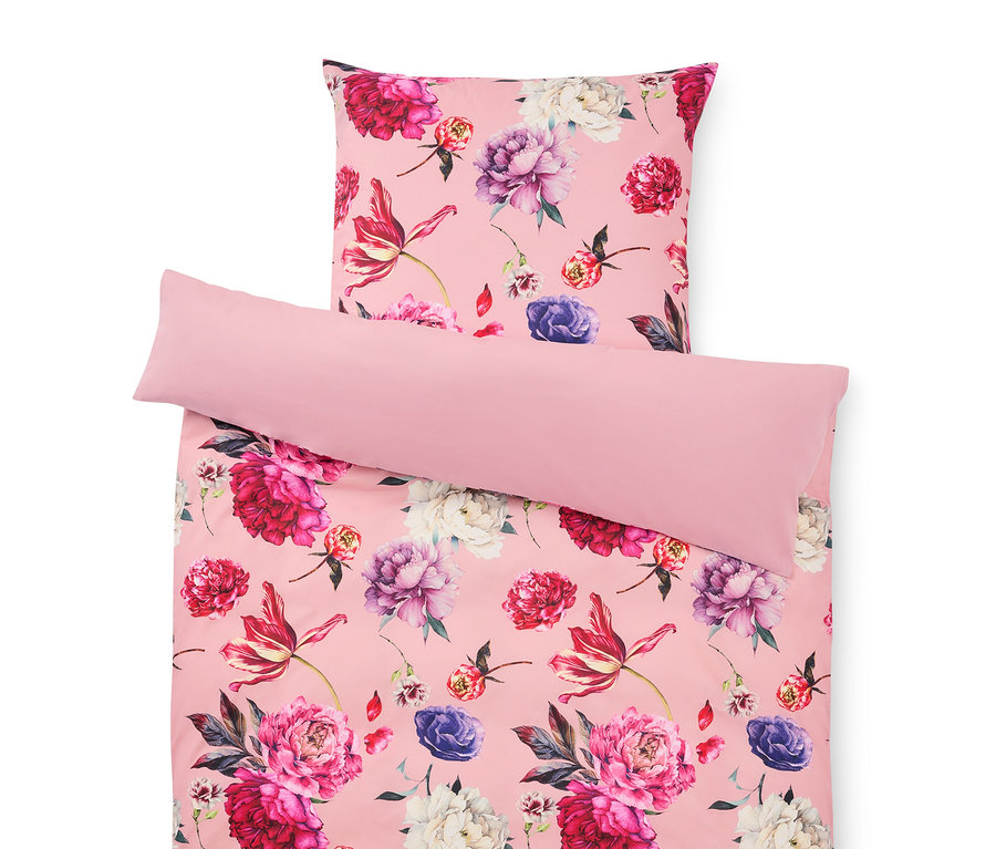 Bettwäsche mit Blumenmuster in Rosa, bestehend aus einem Kissenbezug und einem Bettbezug.