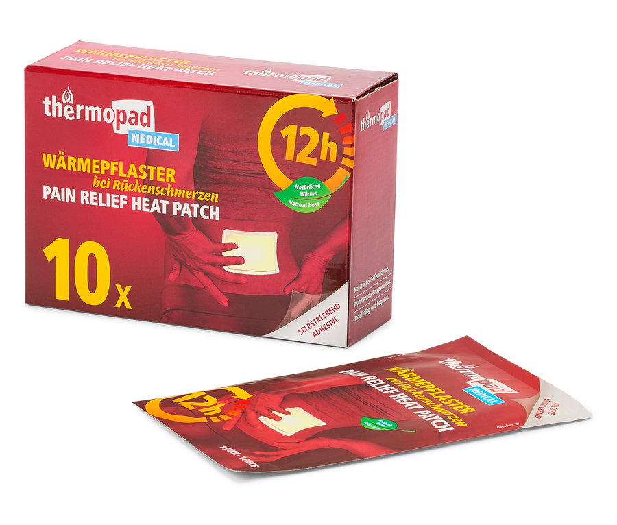 Eine Packung Thermopad Wärmepflaster und ein einzelnes Wärmepflaster sind auf einem weißen Hintergrund zu sehen.