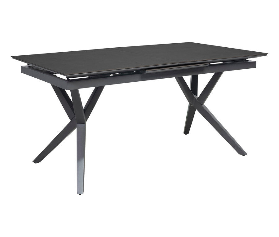 Schwarzer Esstisch mit Metallbeinen.