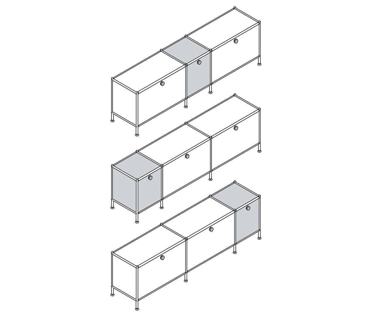Drei Lowboards »CN3« mit je 3 Klappen in Schwarz, Weiß und Grau sind dargestellt.