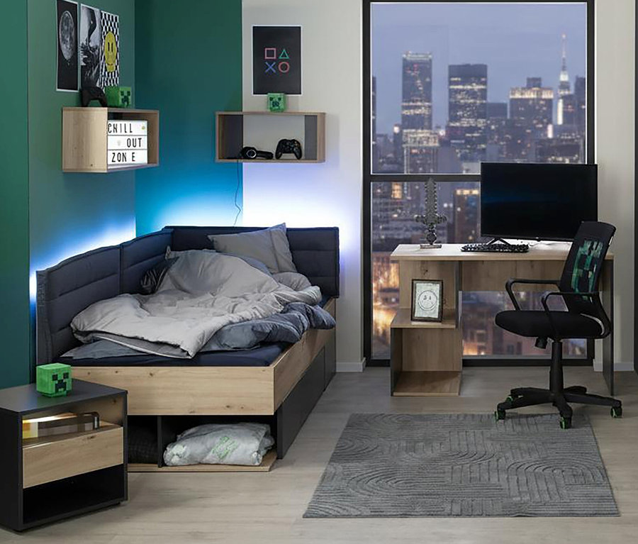 Einrichtung eines Jugendzimmers mit einem Bett und dem Roba Schreibtisch »Marvin« vor einem Fenster mit Stadtblick.