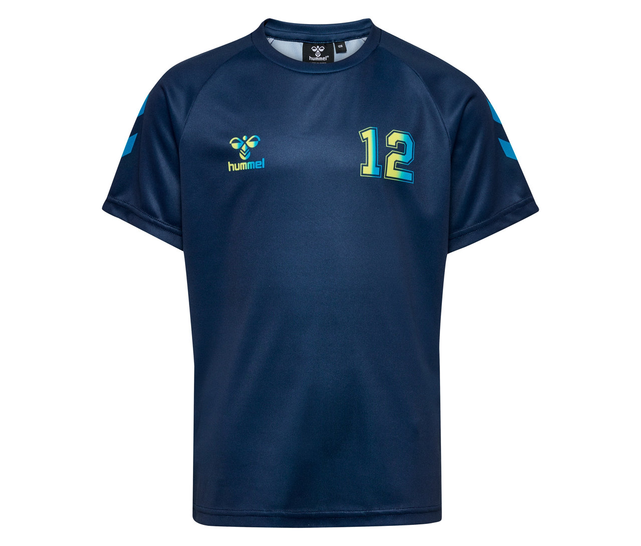 Blaues T-Shirt mit der Nummer 12 und dem Hummel-Logo.