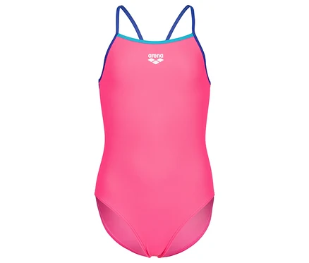 Pinkfarbener Badeanzug mit blauen Trägern.