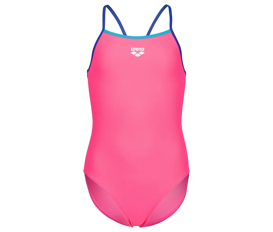 Pinkfarbener Badeanzug mit blauen Trägern.