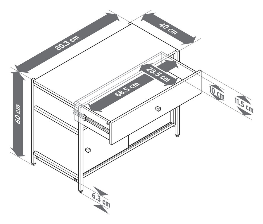 Draufsicht einer Kommode »GRADE« mit Schublade und Schiebetüren, mit Maßangaben.