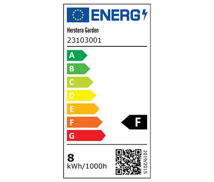 Energielabel für Herstera Pflanzkasten mit Licht, Energieeffizienzklasse F, Verbrauch 8 kWh/1000h.