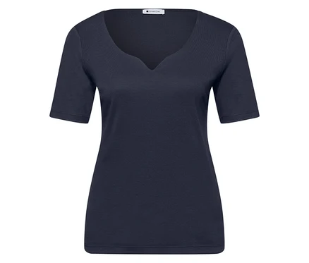 Street One Kurzarmshirt, navy. Dunkelblaues Kurzarmshirt mit V-Ausschnitt, flach liegend.