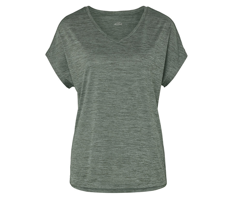 Ein graues, kurzärmeliges Active T-Shirt mit V-Ausschnitt ist auf einem weißen Hintergrund zu sehen.