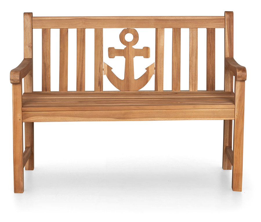 Helle deVries Teak-Gartenbank »Anker« mit senkrechten Streben und Anker-Ausschnitt in der Rückenlehne.
