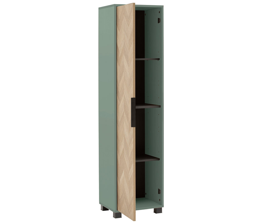 Ein grüner Schrank mit einer offenen Holztür und dunklen Regalen steht auf einem weißen Hintergrund.