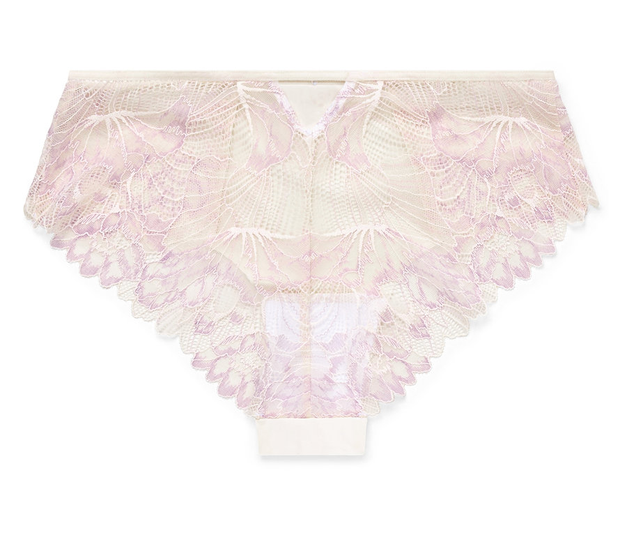 Nahaufnahme eines einzelnen Slips mit Blumenmuster in Rosa und Weiß.