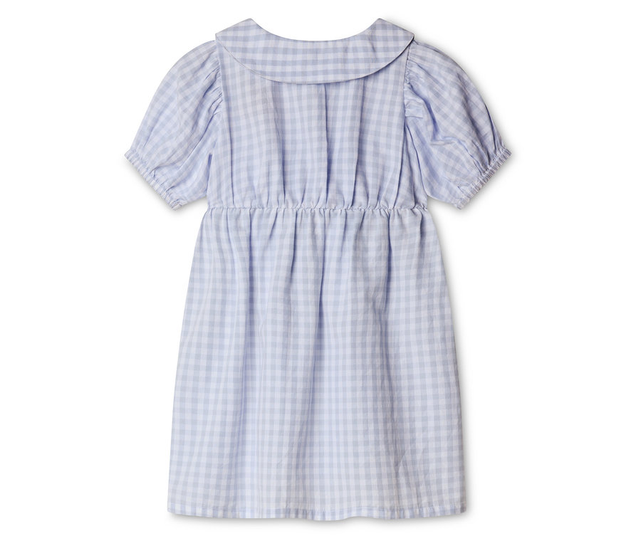 Hellblaues, kariertes Kleid mit kurzen Puffärmeln und einem Kragen, der an der Taille gerafft ist.