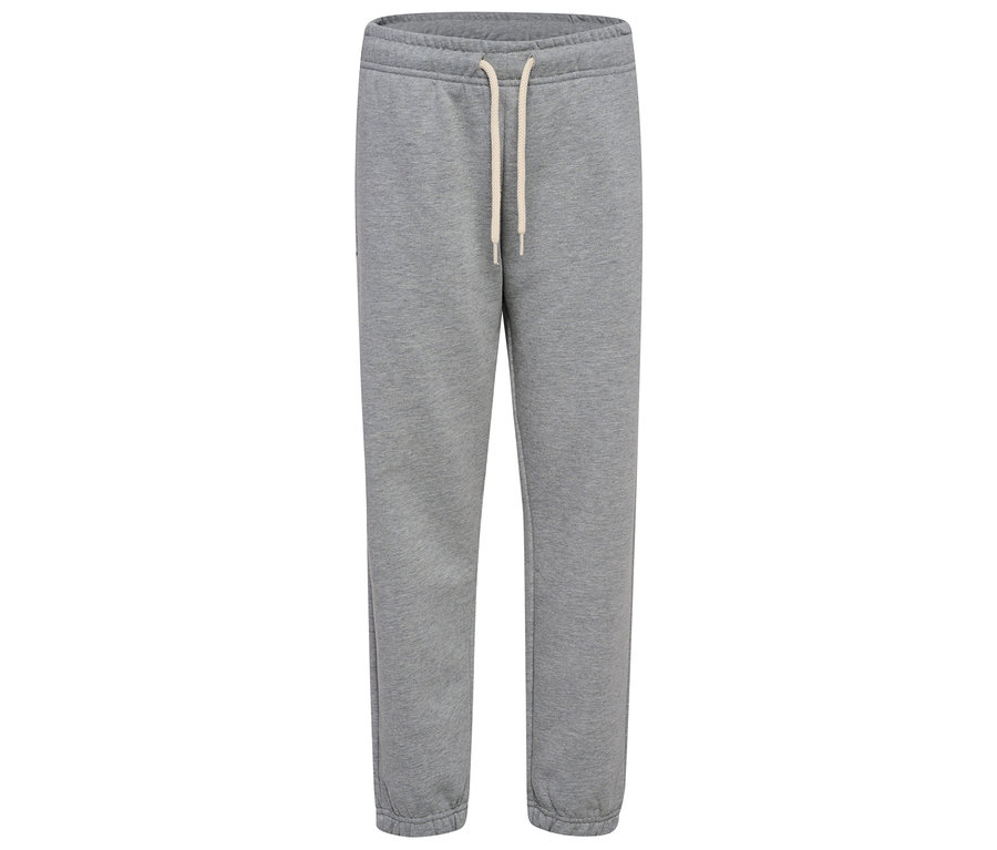 Graue hummel® HMLJR Loose Sweatpants Bee mit Kordelzug, frontal auf weißem Hintergrund.