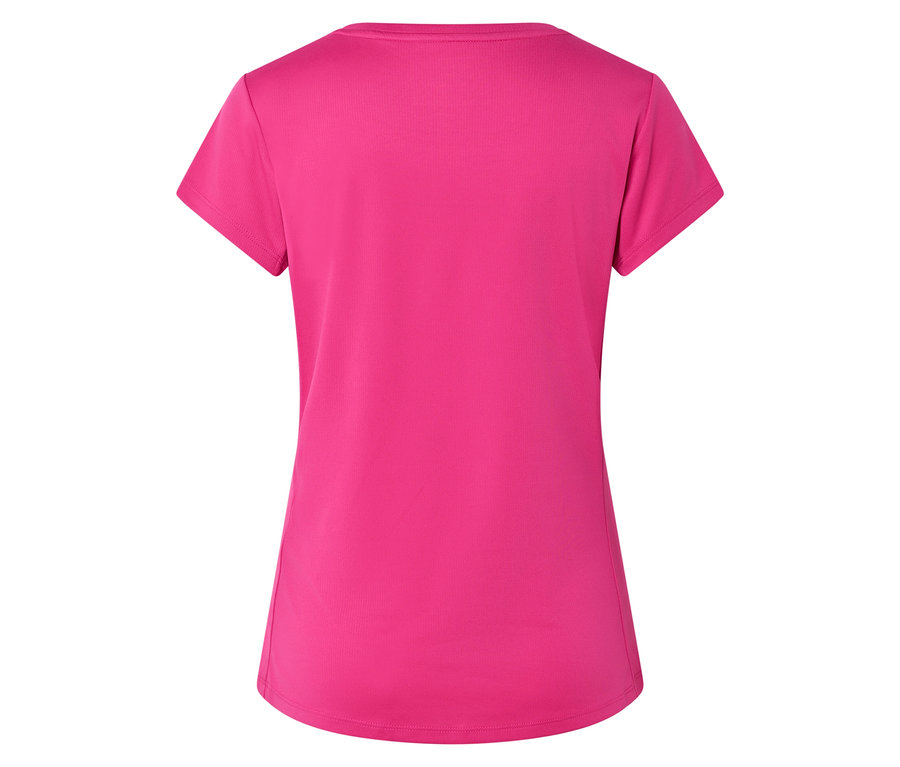 Rückansicht eines pinkfarbenen, kurzärmeligen T-Shirts.