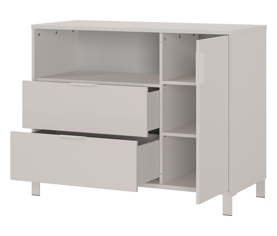 Hellgraues Sideboard mit zwei Schubladen, einem offenen Fach und einer Tür, von der aus Regale sichtbar sind.