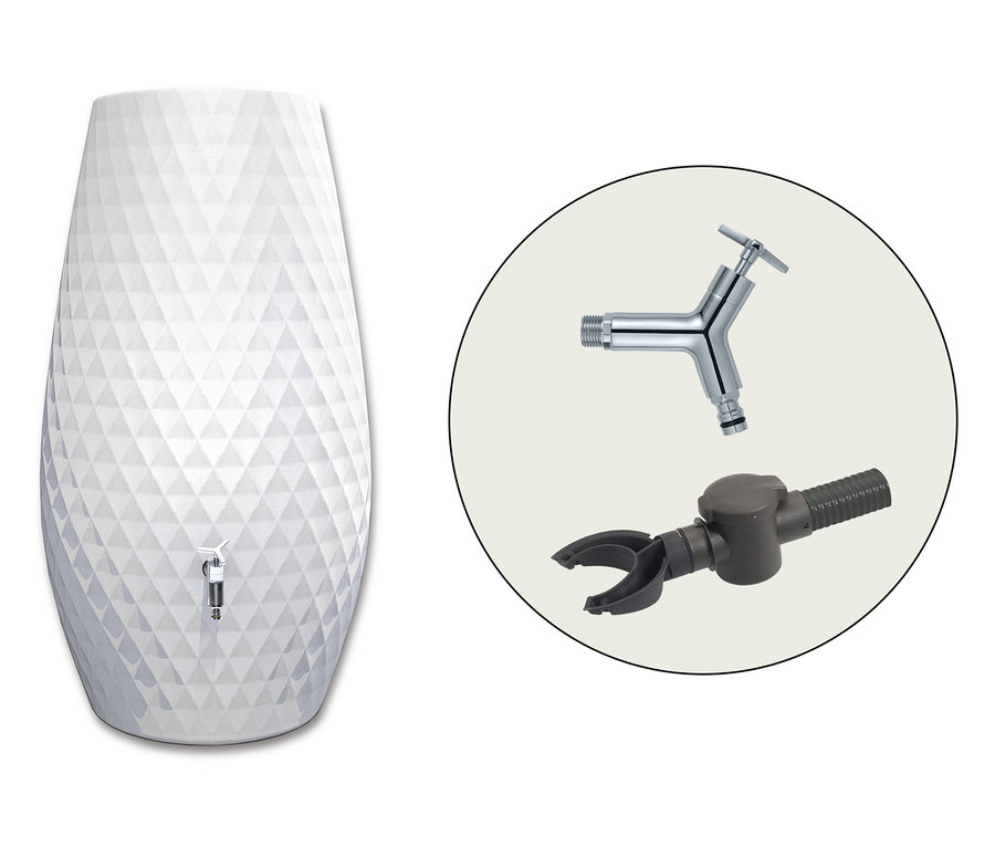 GARANTIA Triagon 2-in-1-Regenspeicher-Set, 230 l, weiß mit Zubehör im Kreis.