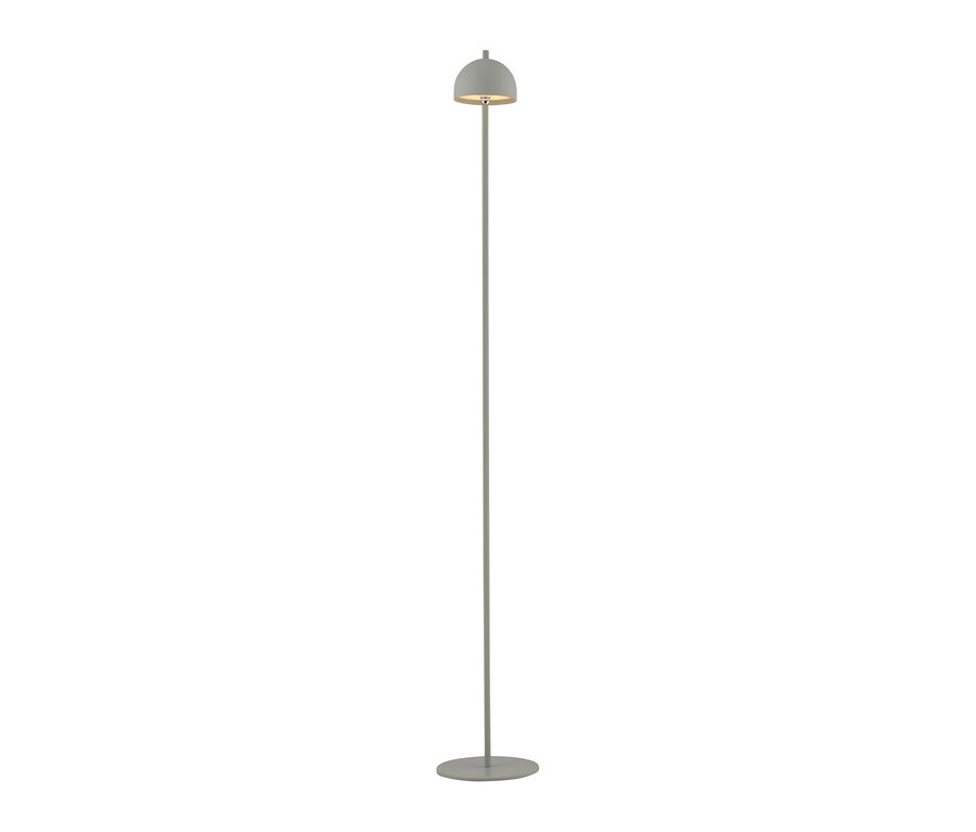 Eine hohe, schlanke, hellgraue Stehlampe mit glockenförmigem Schirm, die warmes Licht abstrahlt, auf einem runden Fuß stehend.