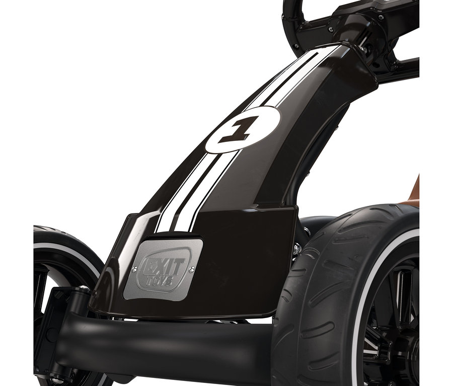 Schwarzes Go-Kart mit weißen Rennstreifen und der Nummer 1 vorne, mit "EXIT TOYS" Logo und schwarzen Rädern.