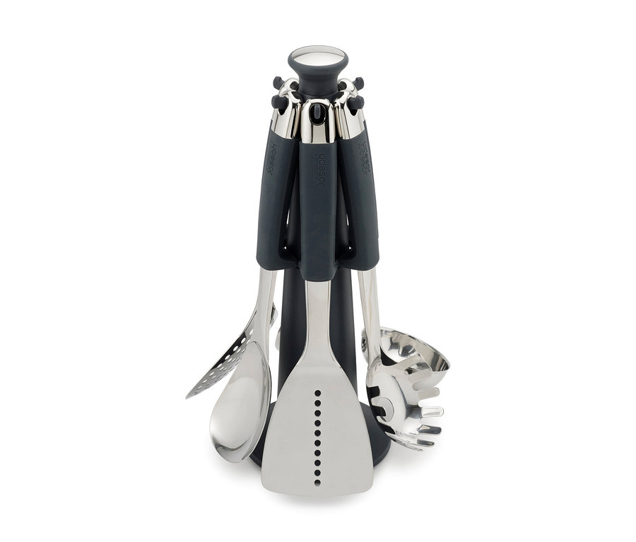 Joseph Joseph Elevate Steel Carousel Küchenutensilien-Set mit drehbarem, dunkelgrauem Ständer und sechs Edelstahl-Utensilien.