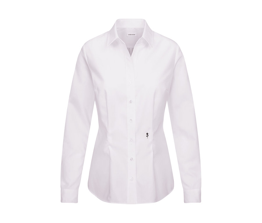 Weiße, langärmelige Seidensticker Bluse Slim Fit non iron mit Kragen, Knopfleiste und kleinem schwarzem Rosen-Logo.