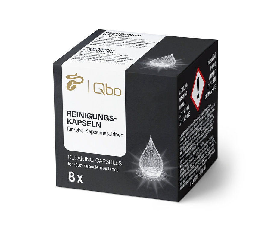 Schwarze Verpackung von Qbo Reinigungskapseln.