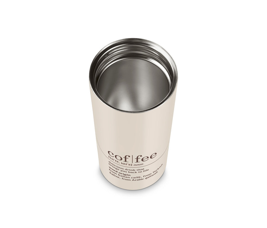 Ein beiger Coffee-to-go-Becher Coffee Dictionary mit Edelstahl-Innenausstattung.