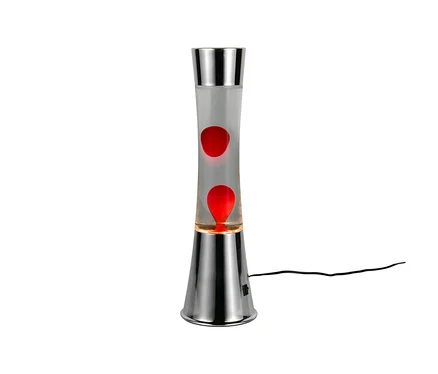 Eine rote Reality LED-Lavalampe mit Chromfuß und -deckel, in der zwei rote Wachsblasen in klarer Flüssigkeit schweben. Ein schwarzes Stromkabel ist sichtbar.