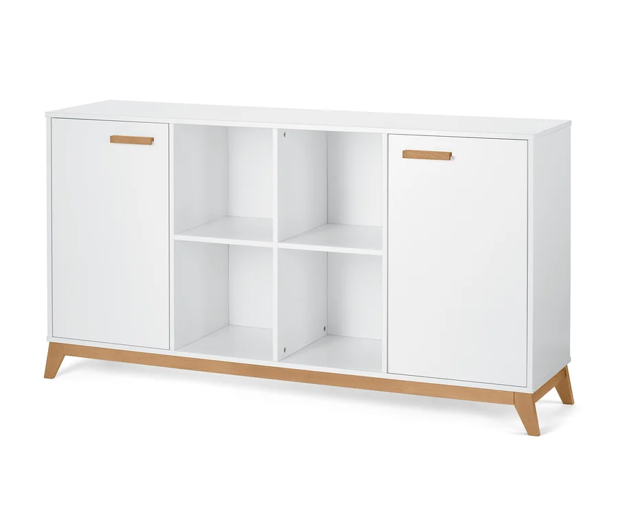 Weißes Sideboard mit zwei Schränken und vier offenen Regalen.