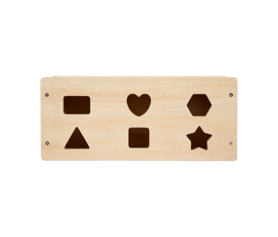 Helles Holz-Steckspiel small foot Montessori-Bundle 3 mit sechs ausgeschnittenen Formen: Rechteck, Herz, Sechseck, Dreieck, Quadrat und Stern.