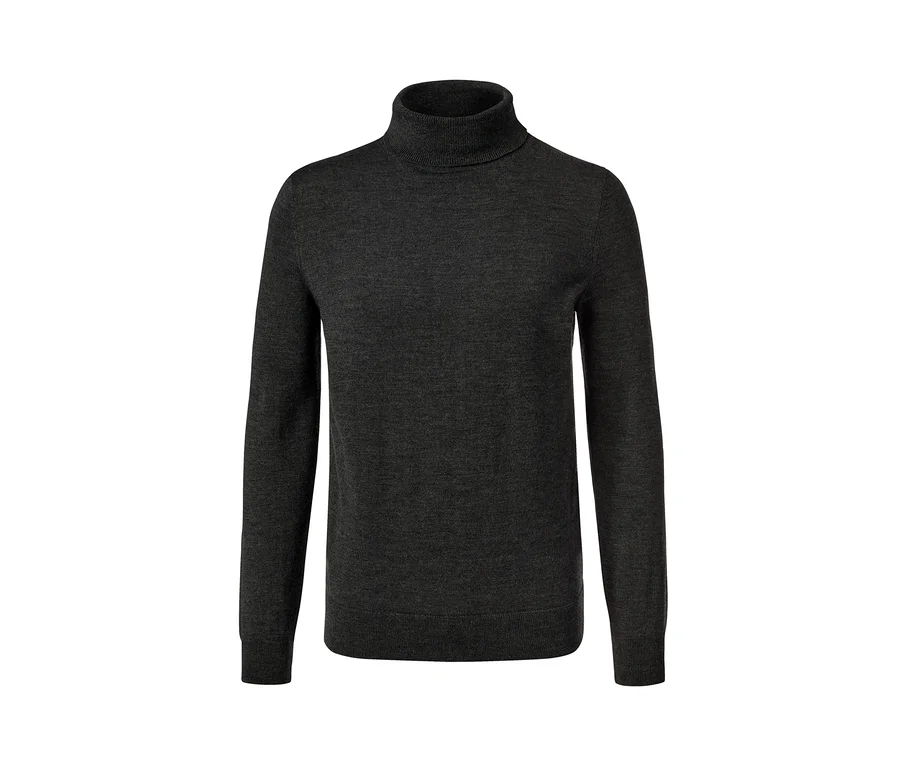 Ein anthrazitfarbener Merino-Pullover mit Rollkragen.