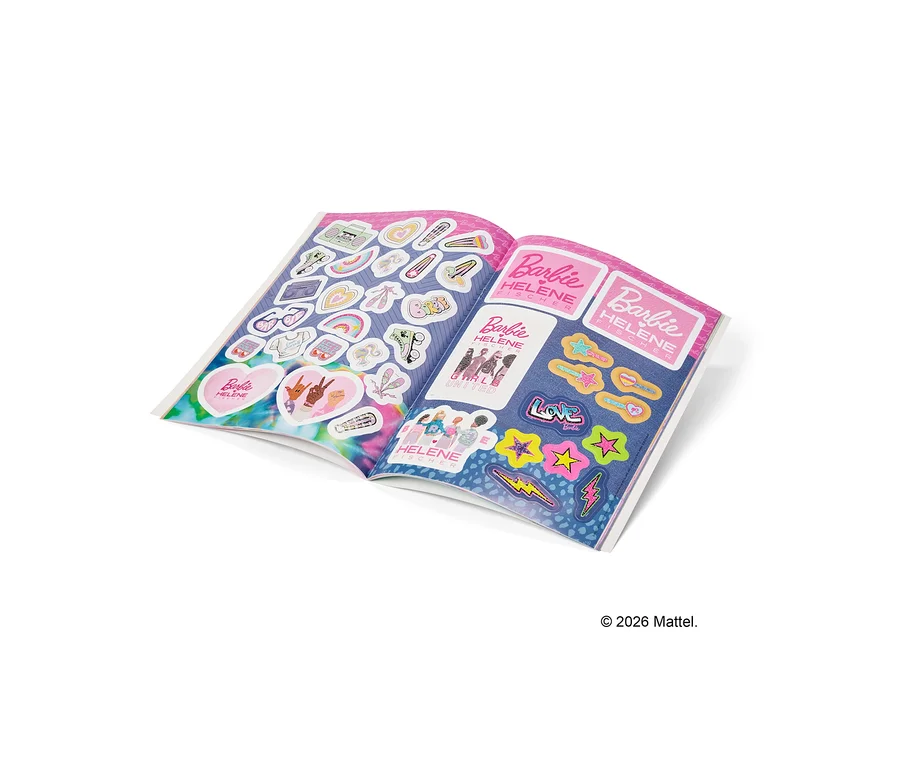 Aufgeschlagenes Stickerheft mit Barbie und Helene Fischer Motiven, darunter Herzen, Sterne und Musikinstrumente.