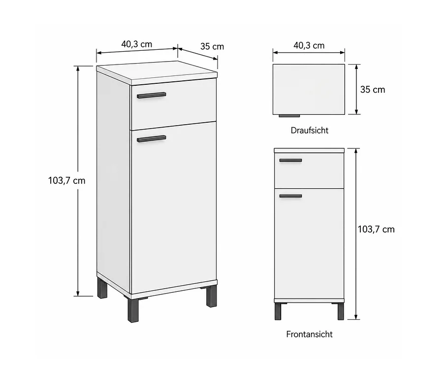 Kleiner Badschrank »Ston« in Weiß mit einer Schublade und einer Tür, MaÑe 103,7x40,3x35 cm.