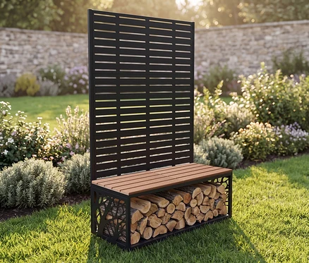 Schwarzer Sichtschutz mit Holz-Sitzbank und Kaminholzregal auf grünem Rasen im Garten.