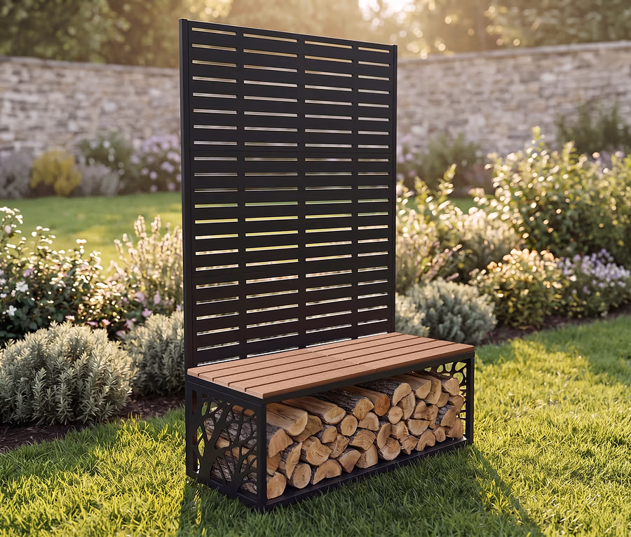 Schwarzer Sichtschutz mit Holz-Sitzbank und Kaminholzregal auf grünem Rasen im Garten.