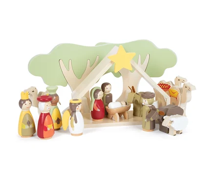 Ein hölzernes Krippenspiel-Set »Weihnachtskrippe« von small foot mit Maria, Josef, Jesus und anderen Figuren.