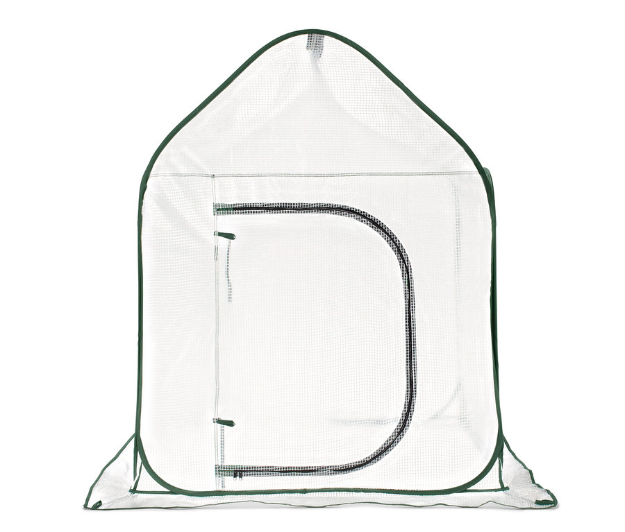 Ein leeres Pop-up-Pflanzenschutzzelt mit einer Reißverschlusstür.