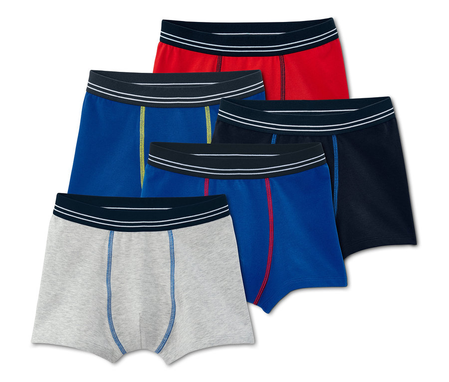 Fünf Slipboxer in Rot, Dunkelblau, Blau und Grau.