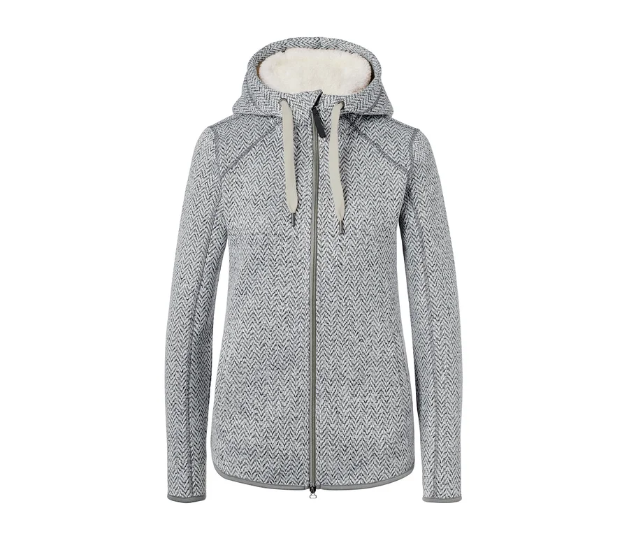 Graue Teddy-Strickfleecejacke mit Kapuze und Reißverschluss.