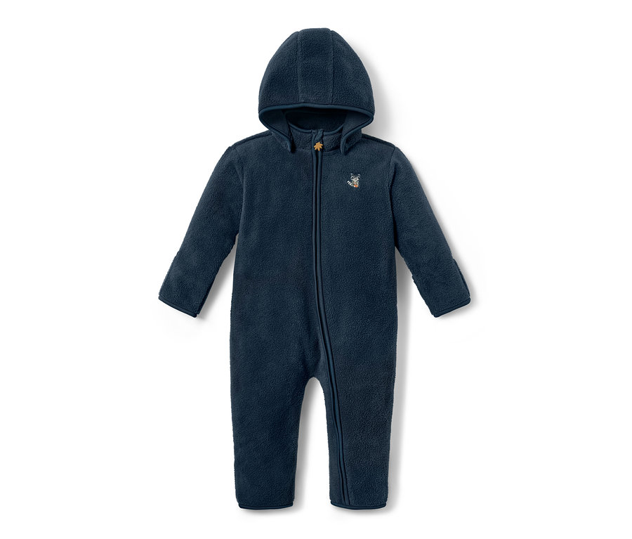Marineblauer Fleece-Einteiler mit Reißverschluss und Kapuze.
