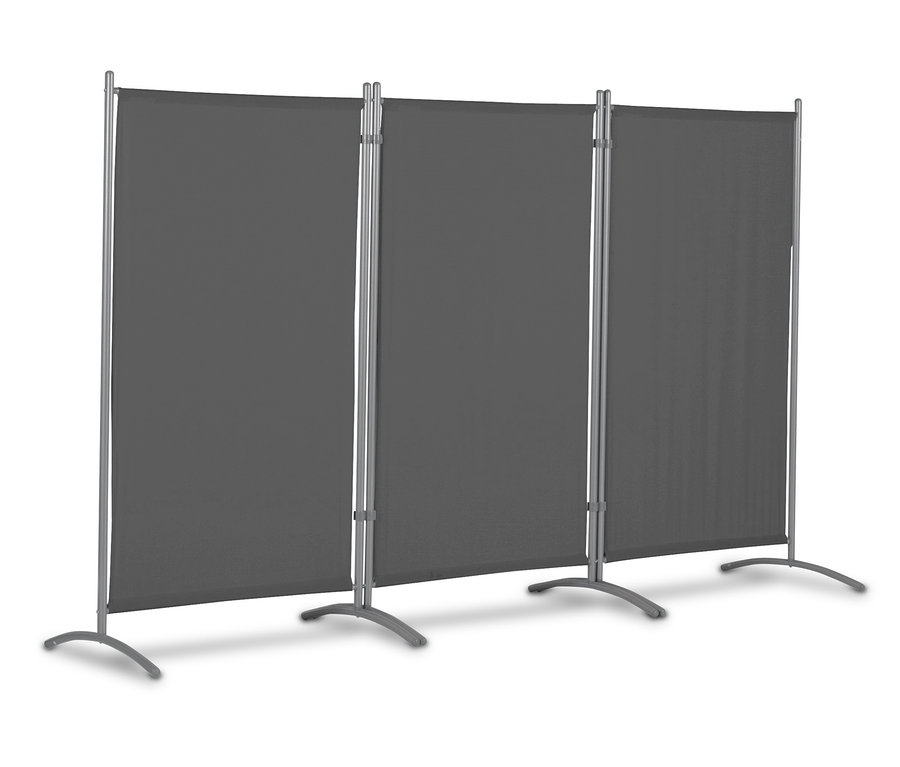 Eine dreiteilige, anthrazitfarbene Leco Stellwand steht vor einem weißen Hintergrund.