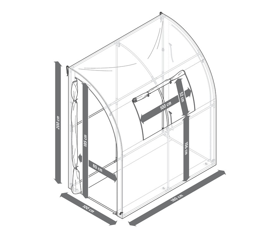 Skizze eines Anlehn-Pflanzenschutzelts mit den Maßen 200 cm Höhe, 100 cm Breite und 180 cm Länge.